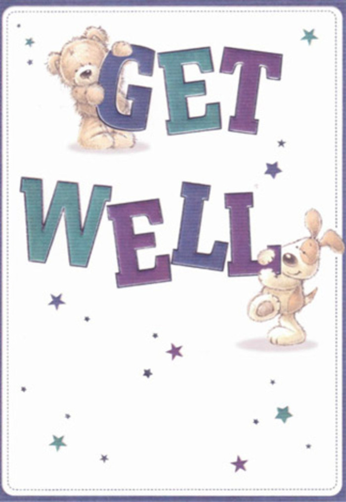 Within this imaginative get well card, Plaistow's neighbourly warmth is woven through the artist's lines and colours. A friendly bear and an affectionate puppy, painted with delightful expressiveness, collaborate in sending vibrant wishes: the bear clings sweetly to 'GET' while the puppy cozily rests atop 'WELL.' Their downy fur and velvety ears are rendered with such tactile detail, one might imagine the gentle comfort of a hand-prepared bouquet picked from a local Plaistow market. The confident, oversized letters shine in purples and aquas, the colours recalling bold floral arrangements seen along Barking Road or the base of Memorial Community Church. Swirling stars in shades of blue and purple dance about, delivering a hopeful energy that brightens even the soft cream background. The composition fosters a sense of airy lightness and heartfelt encouragement, just like a gift of fresh flowers. Crafted with a florist's instinct for care and emotional depth, this card is a heartfelt vehicle for support and recovery in Plaistow, perfect for lifting spirits and reminding someone that they're thought of by friends nearby.